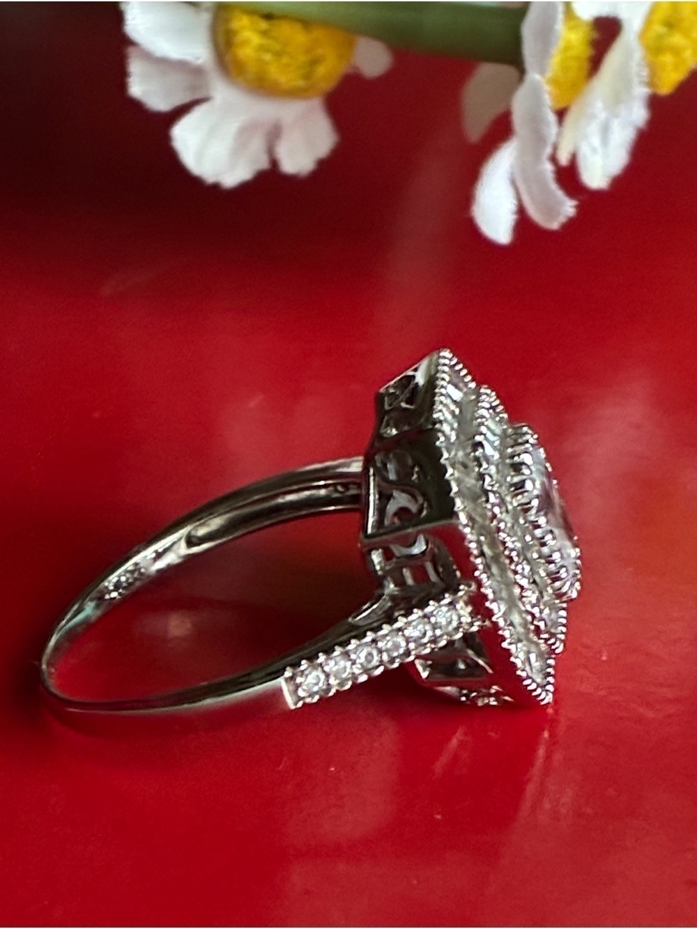 925 Silver-Tone Clear Multi-Halo Emerald-Cut Ring - Picture 5 of 8